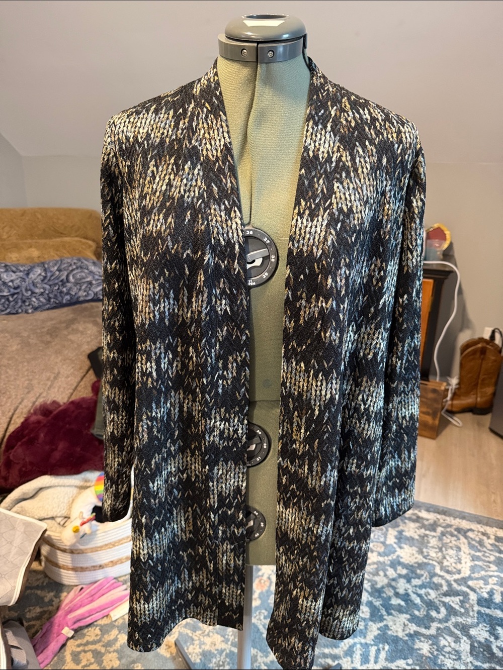 Susan Graver Black and Gray Patterned Open-Front Jacket
